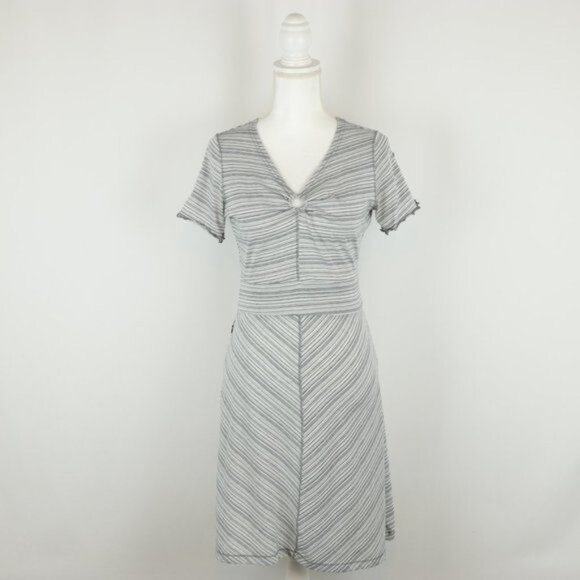 Exofficio Women's XS Gray White Striped V-Neck Short Sleeve Knit Jersey Dress - Picture 1 of 9